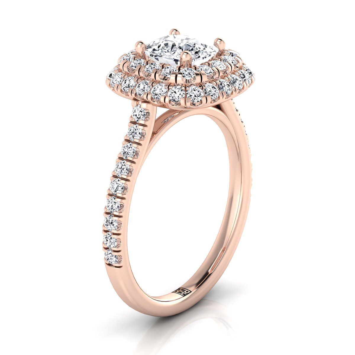 Double Halo Linear Pavé Cushion, in 14K Rose Gold, pave setting – side profile | RockHer