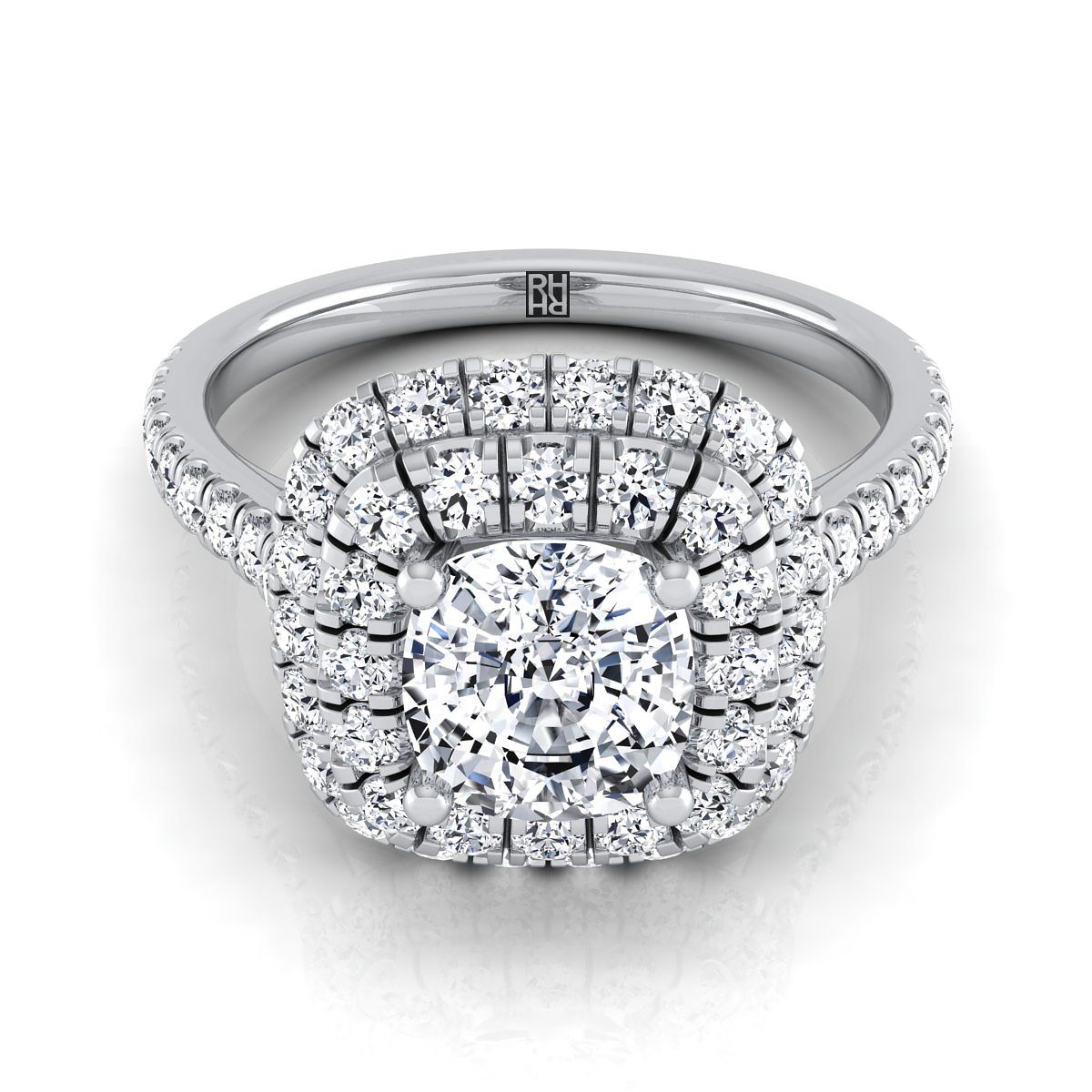 Double Halo Linear Pavé Cushion, in Platinum, pave setting | RockHer