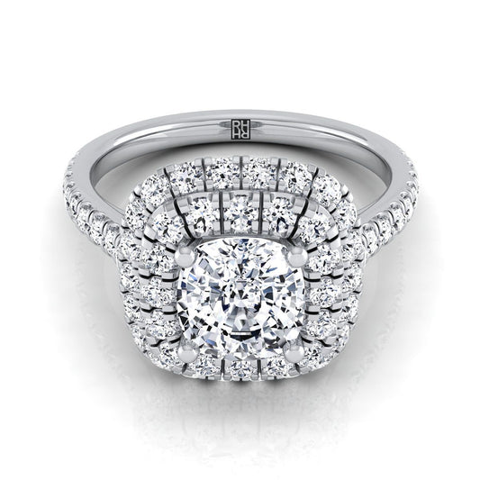 Double Halo Linear Pavé Cushion, in 18K White Gold, pave setting | RockHer