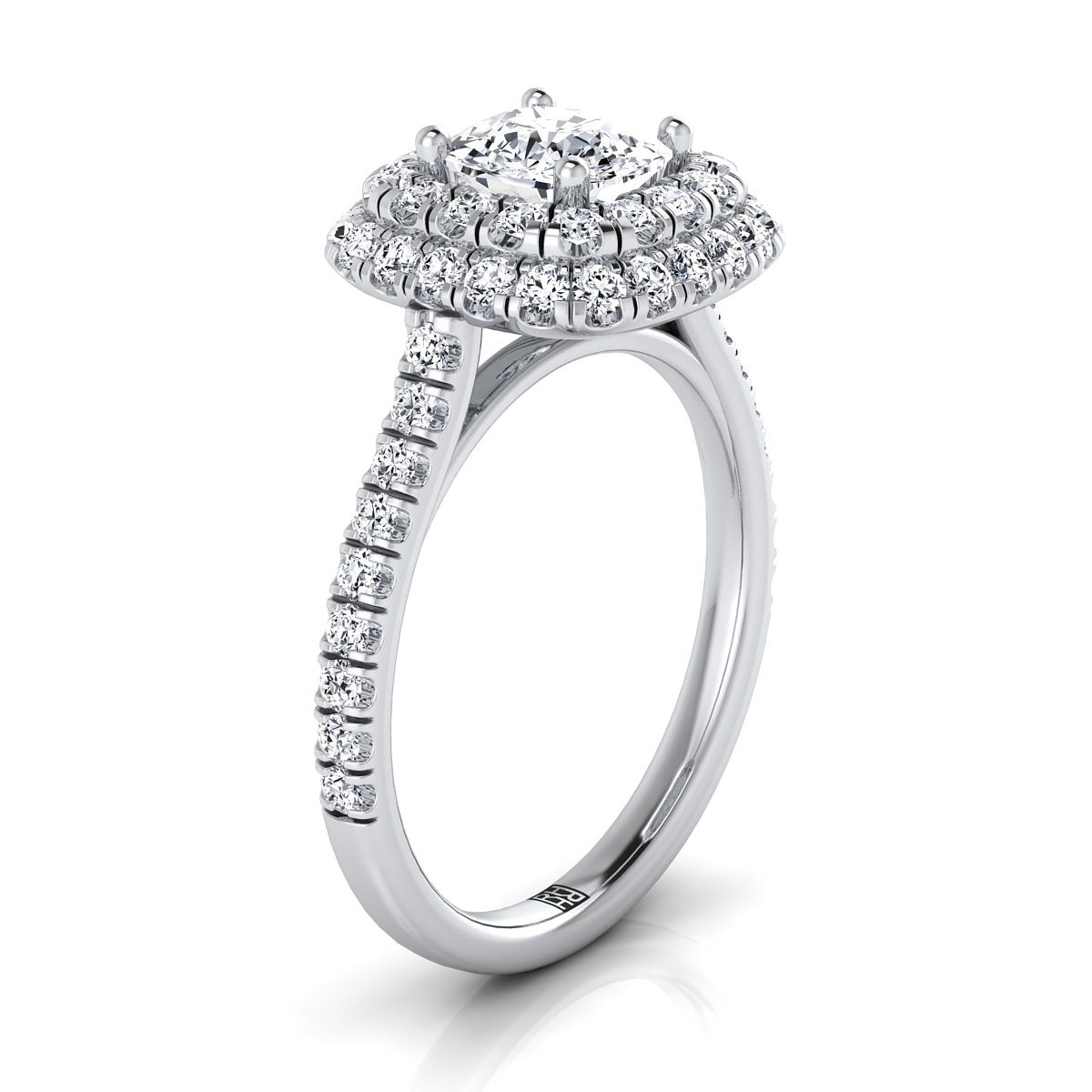 Double Halo Linear Pavé Cushion, in Platinum, pave setting – side profile | RockHer