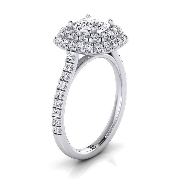 Double Halo Linear Pavé Cushion, in Platinum, pave setting – side profile | RockHer