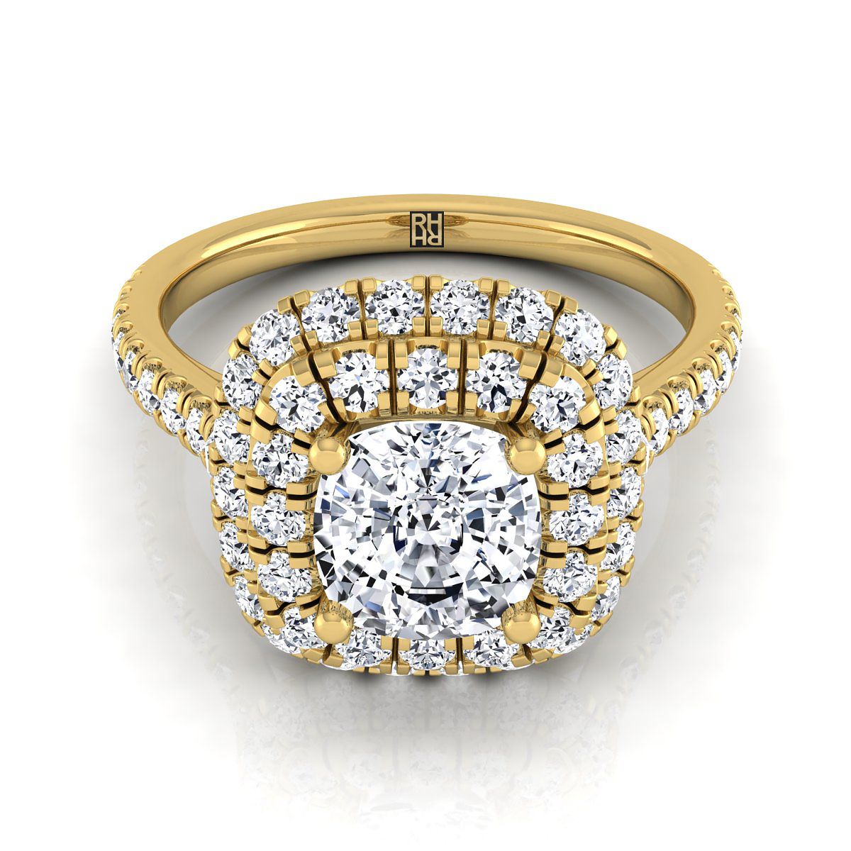 Double Halo Linear Pavé Cushion, in 18K Yellow Gold, pave setting | RockHer