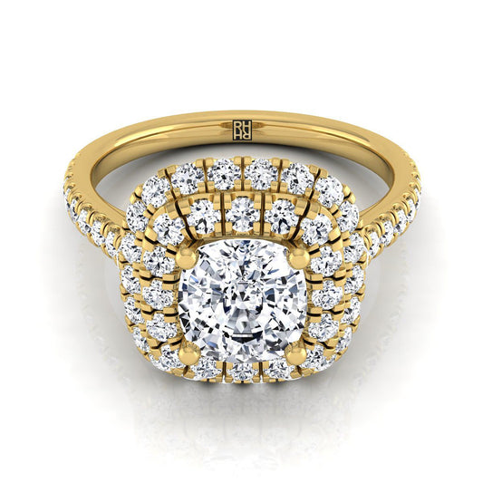 Double Halo Linear Pavé Cushion, in 18K Yellow Gold, pave setting | RockHer