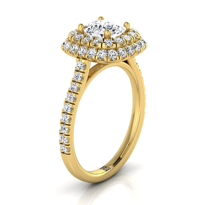 Double Halo Linear Pavé Cushion, in 18K Yellow Gold, pave setting – side profile | RockHer