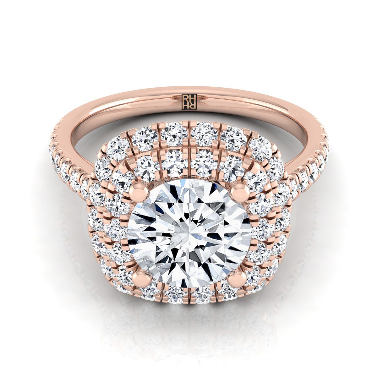 Round Brilliant, Double Halo Linear Pavé, in 14K Rose Gold | RockHer