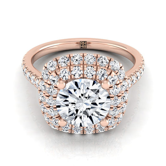 Round Brilliant, Double Halo Linear Pavé, in 14K Rose Gold | RockHer