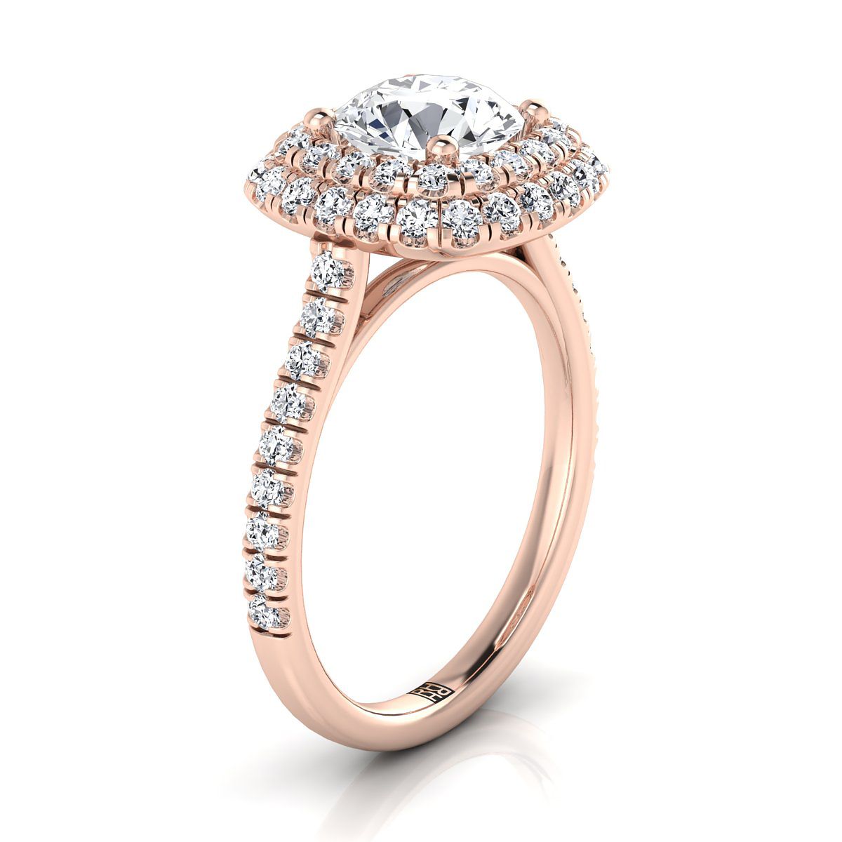 Round Brilliant, Double Halo Linear Pavé, in 14K Rose Gold – side profile | RockHer
