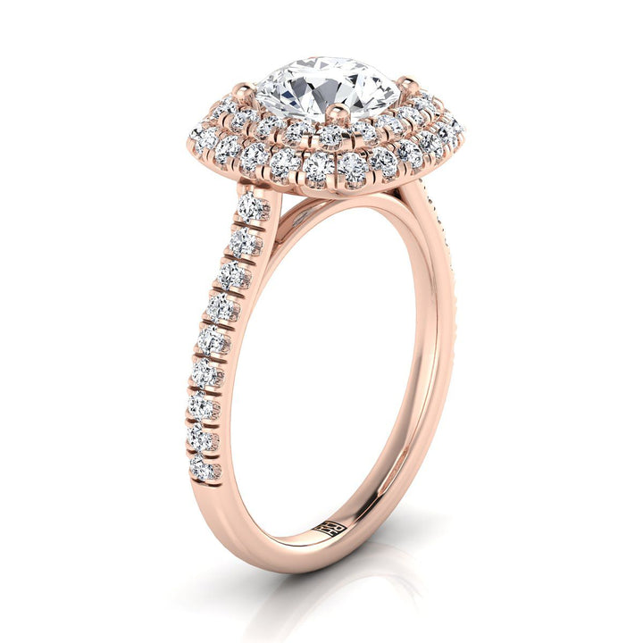 Round Brilliant, Double Halo Linear Pavé, in 14K Rose Gold – side profile | RockHer