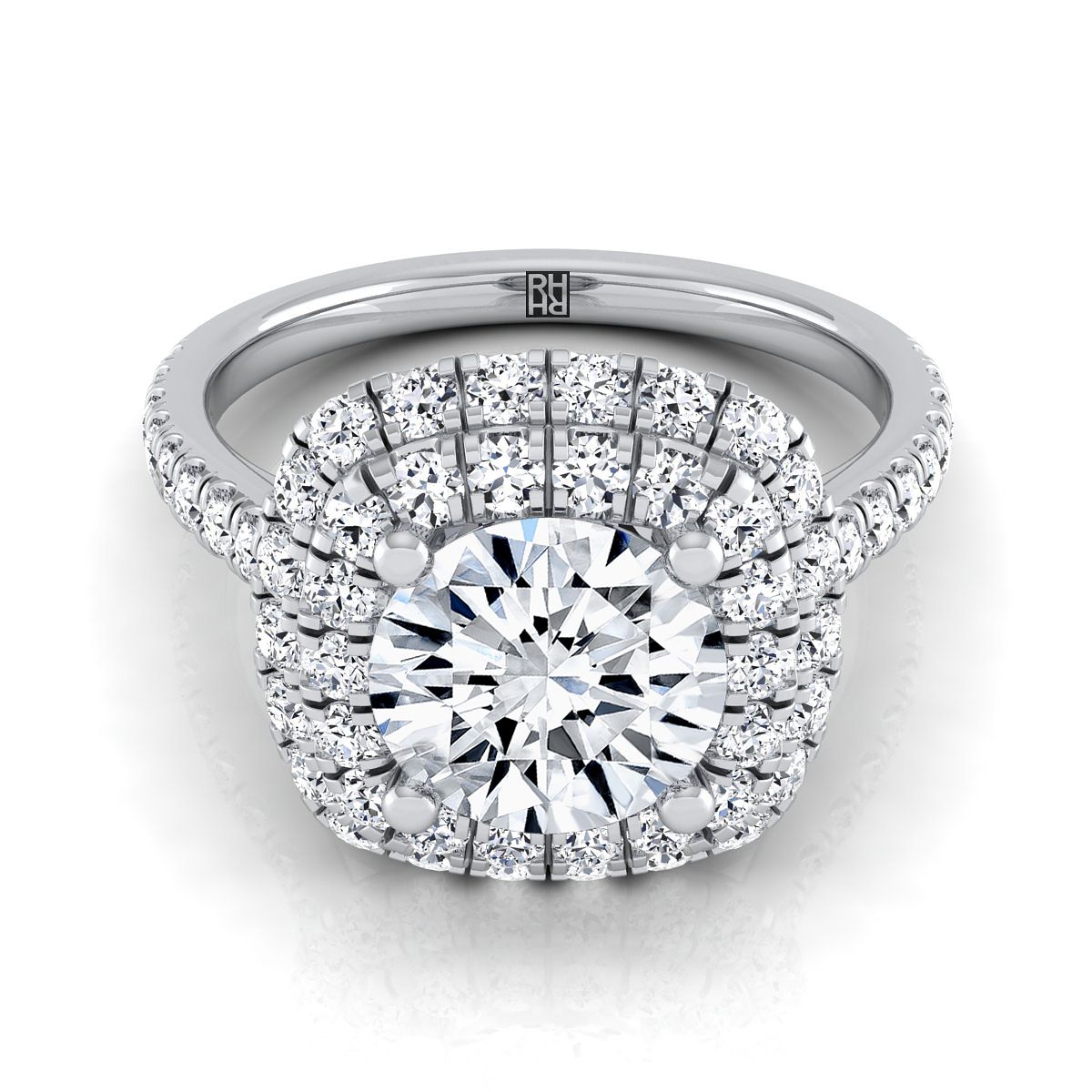 Round Brilliant, Double Halo Linear Pavé, in 18K White Gold, pave setting | RockHer