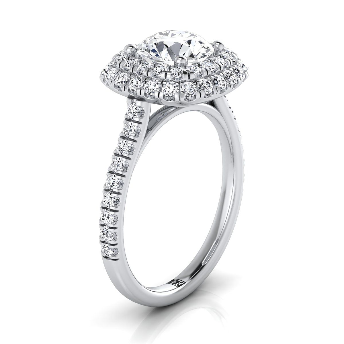 Round Brilliant, Double Halo Linear Pavé, in Platinum, pave setting – side profile | RockHer