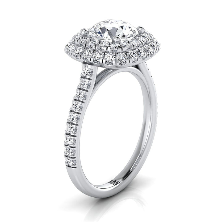 Round Brilliant, Double Halo Linear Pavé, in 18K White Gold, pave setting – side profile | RockHer