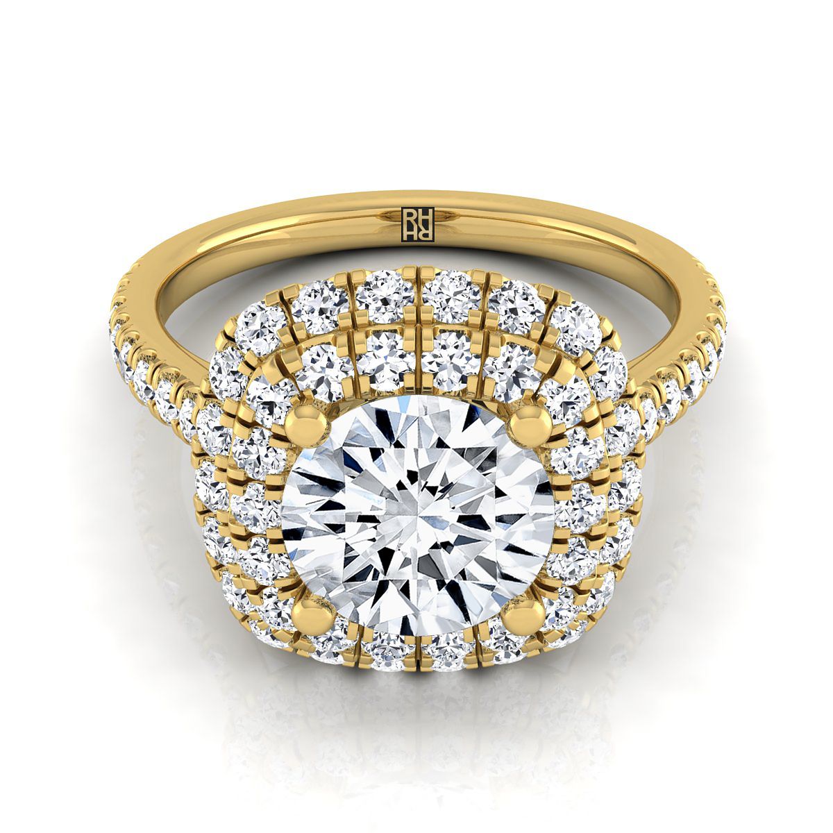 Round Brilliant, Double Halo Linear Pavé, in 18K Yellow Gold, pave setting | RockHer