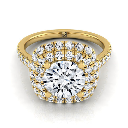 Round Brilliant, Double Halo Linear Pavé, in 18K Yellow Gold, pave setting | RockHer