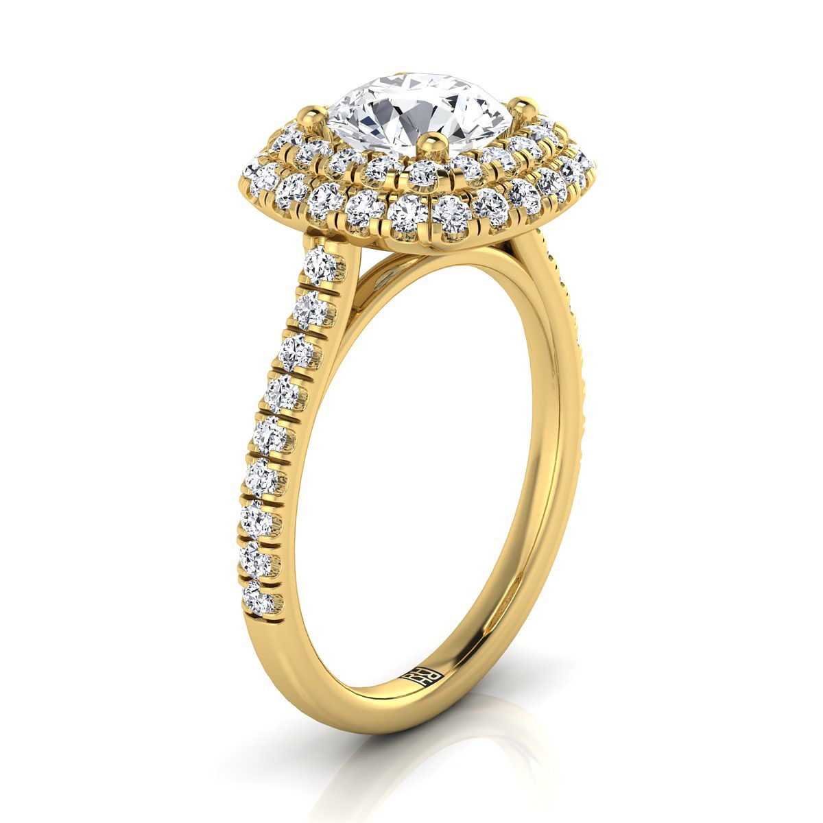 Round Brilliant, Double Halo Linear Pavé, in 18K Yellow Gold, pave setting – side profile | RockHer