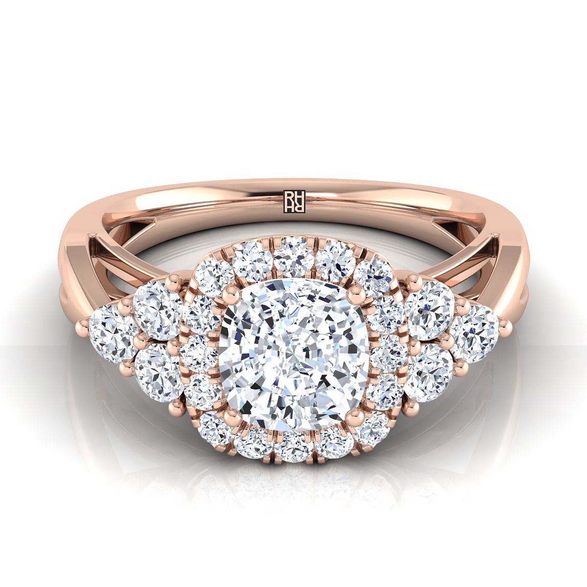Open Twisted Triple Halo Cushion, in 14K Rose Gold, pave setting | RockHer