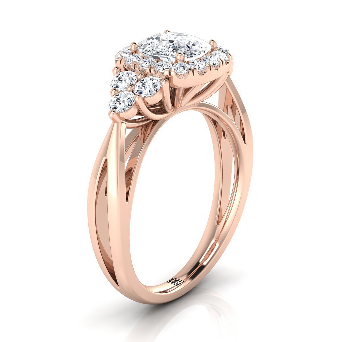Open Twisted Triple Halo Cushion, in 14K Rose Gold, pave setting – side profile | RockHer
