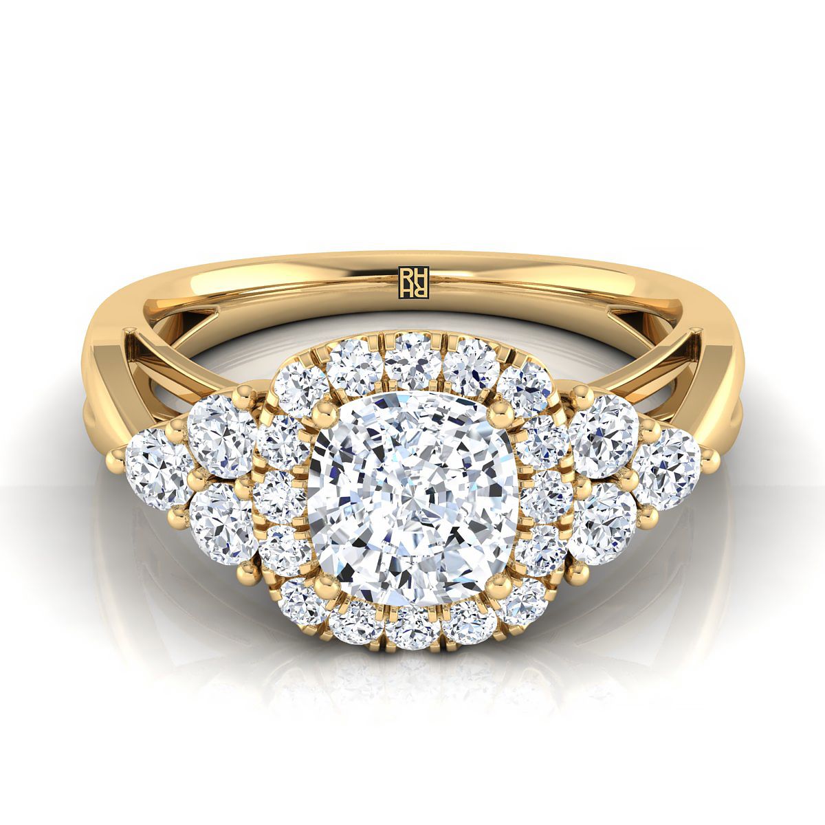Open Twisted Triple Halo Cushion, in 18K Yellow Gold, pave setting | RockHer