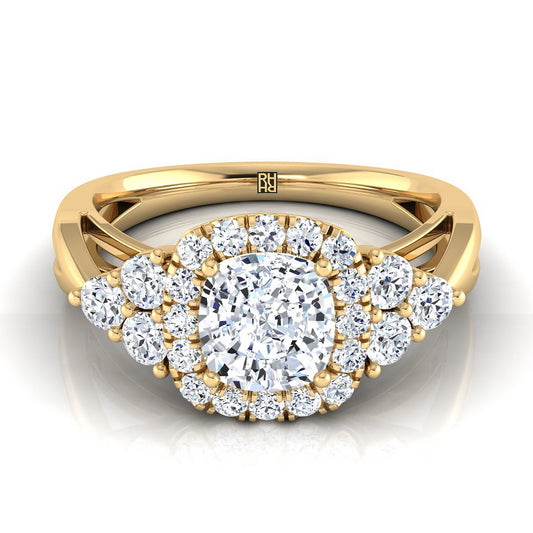 Open Twisted Triple Halo Cushion, in 18K Yellow Gold, pave setting | RockHer