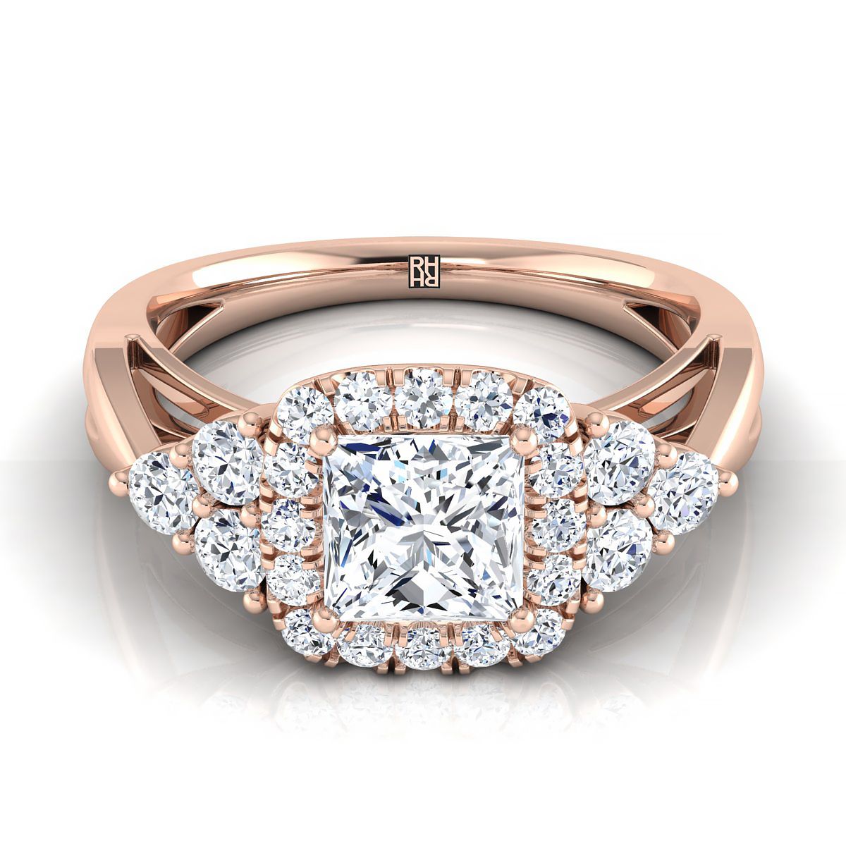 Open Twisted Triple Halo Princess, in 14K Rose Gold, pave setting | RockHer