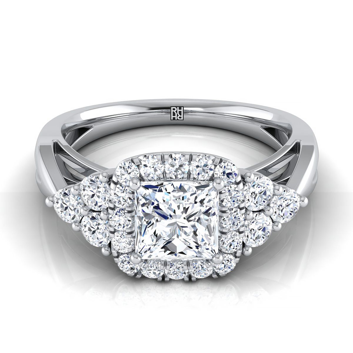Open Twisted Triple Halo Princess, in 18K White Gold, pave setting | RockHer