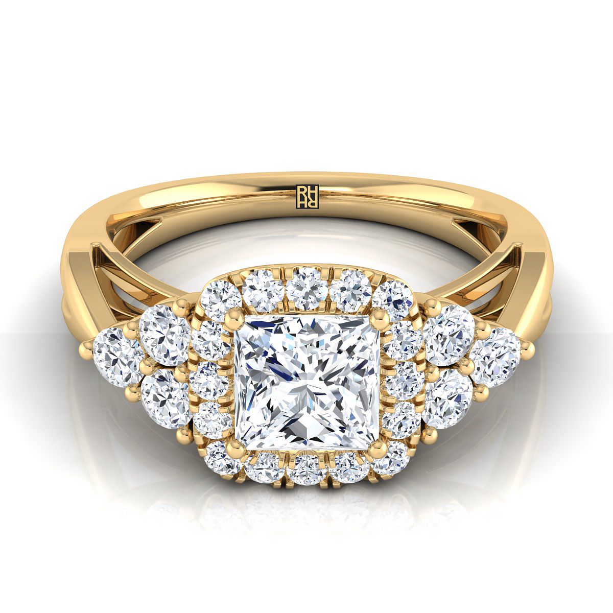 Open Twisted Triple Halo Princess, in 18K Yellow Gold, pave setting | RockHer