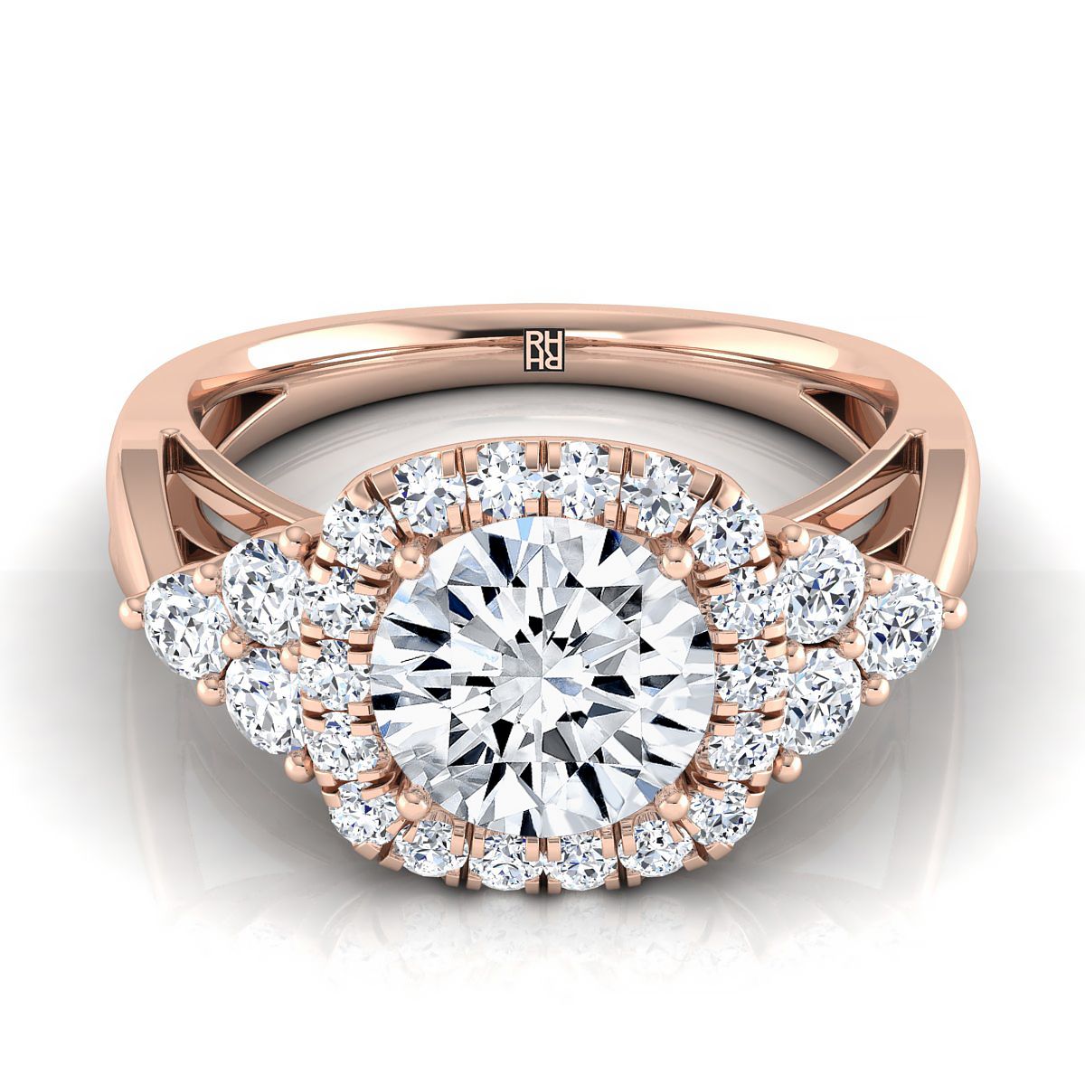 Round Brilliant, Open Twisted Triple Halo, in 14K Rose Gold, pave setting | RockHer