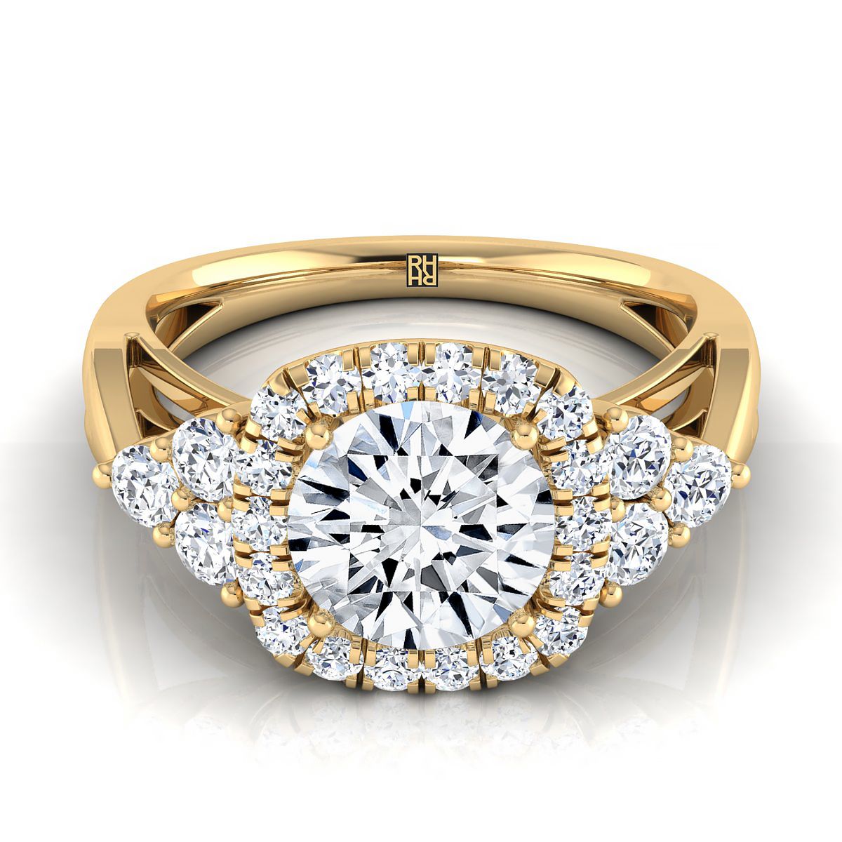 Round Brilliant, Open Twisted Triple Halo, in 18K Yellow Gold, pave setting – view 8 | RockHer