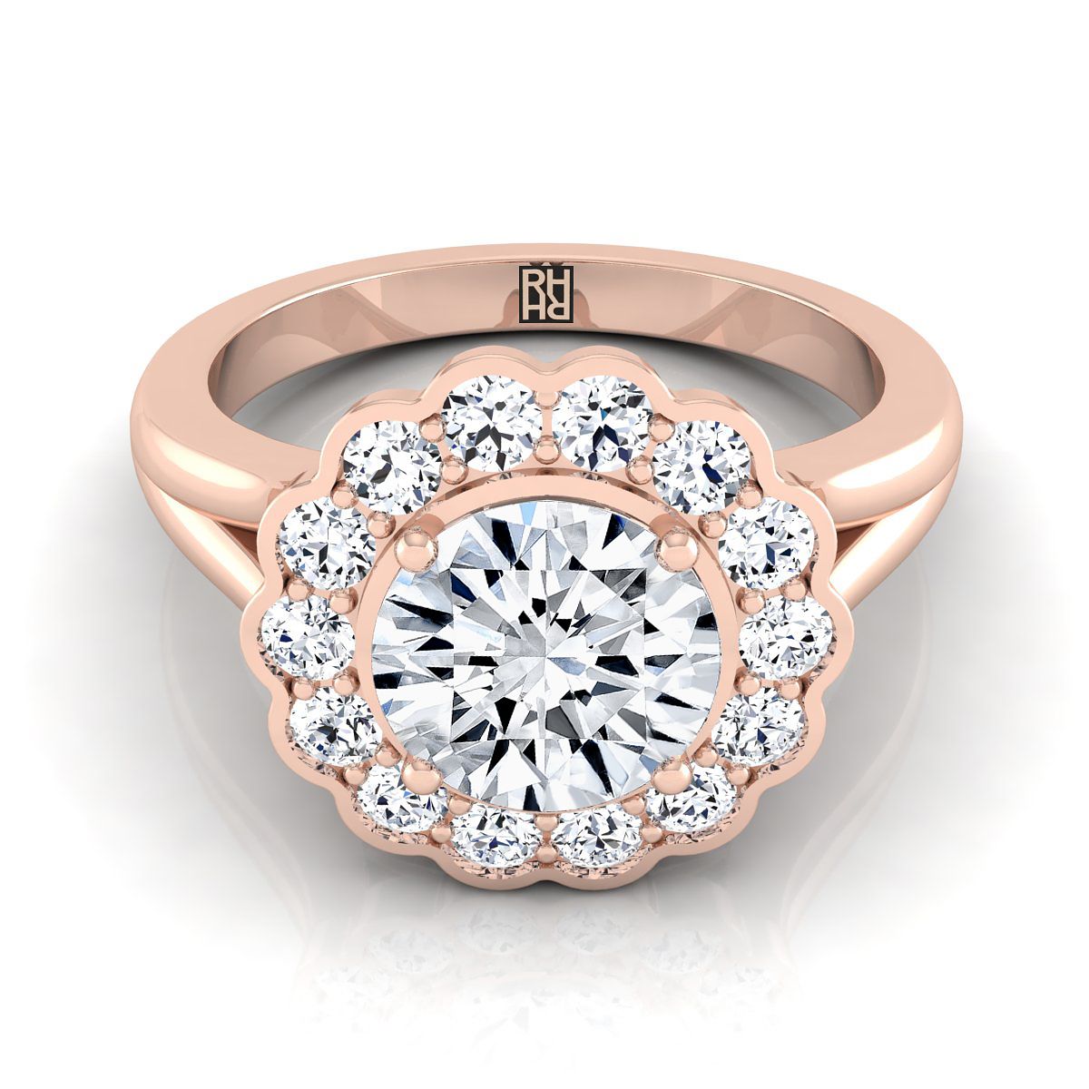 14K ทองกุหลาบ รูปกลม ประดับเพชรล้อมดอกไม้ แบบเรียบ ขาแยก -3/8ctw