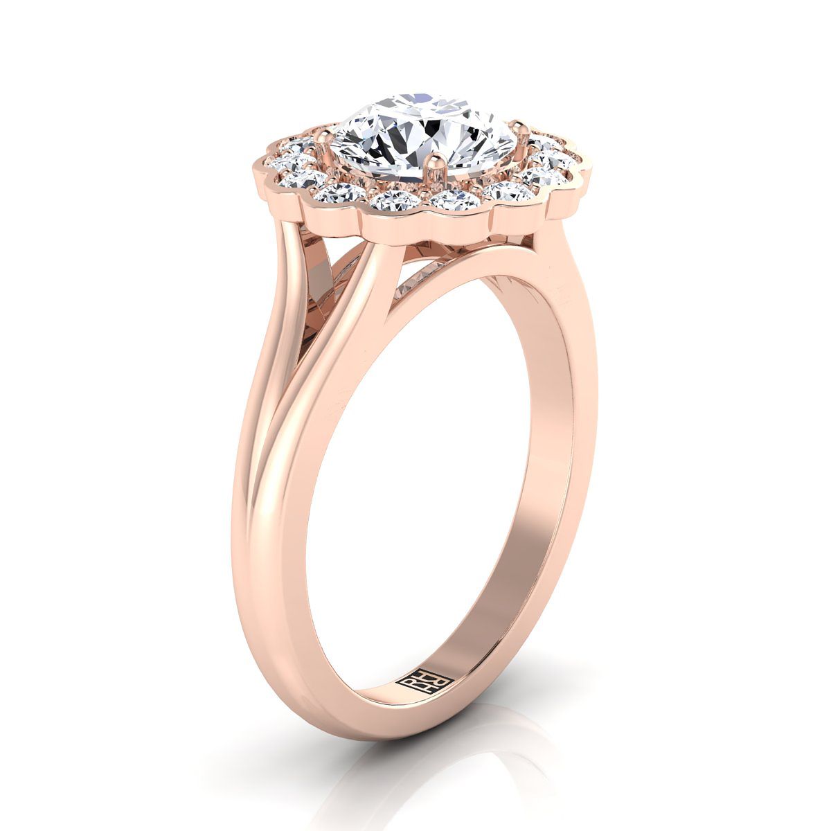 14K ทองกุหลาบ รูปกลม ประดับเพชรล้อมดอกไม้ แบบเรียบ ขาแยก -3/8ctw