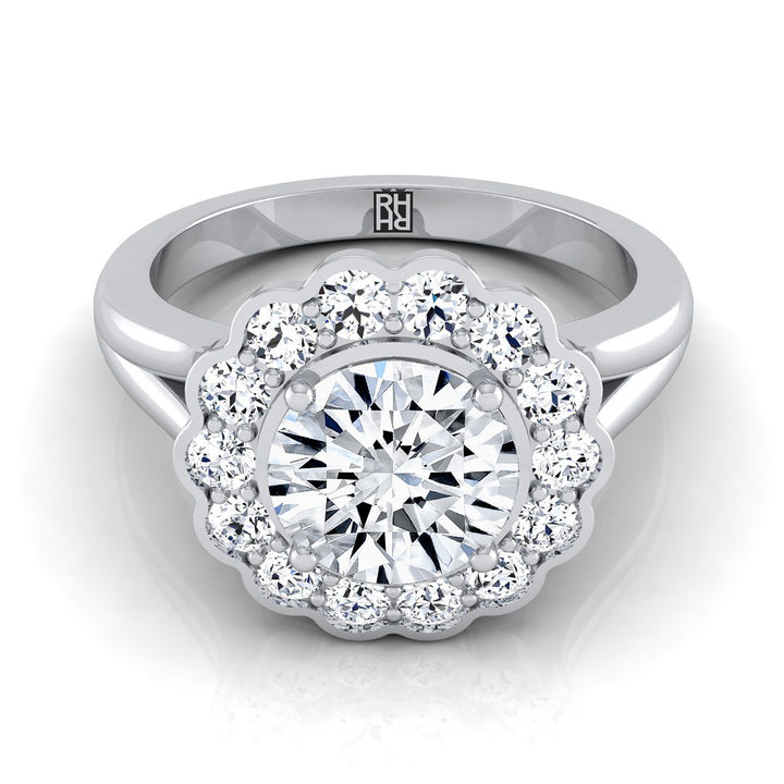 Round Brilliant, Floral Split Shank Halo, in 18K White Gold, prong setting – view 8 | RockHer