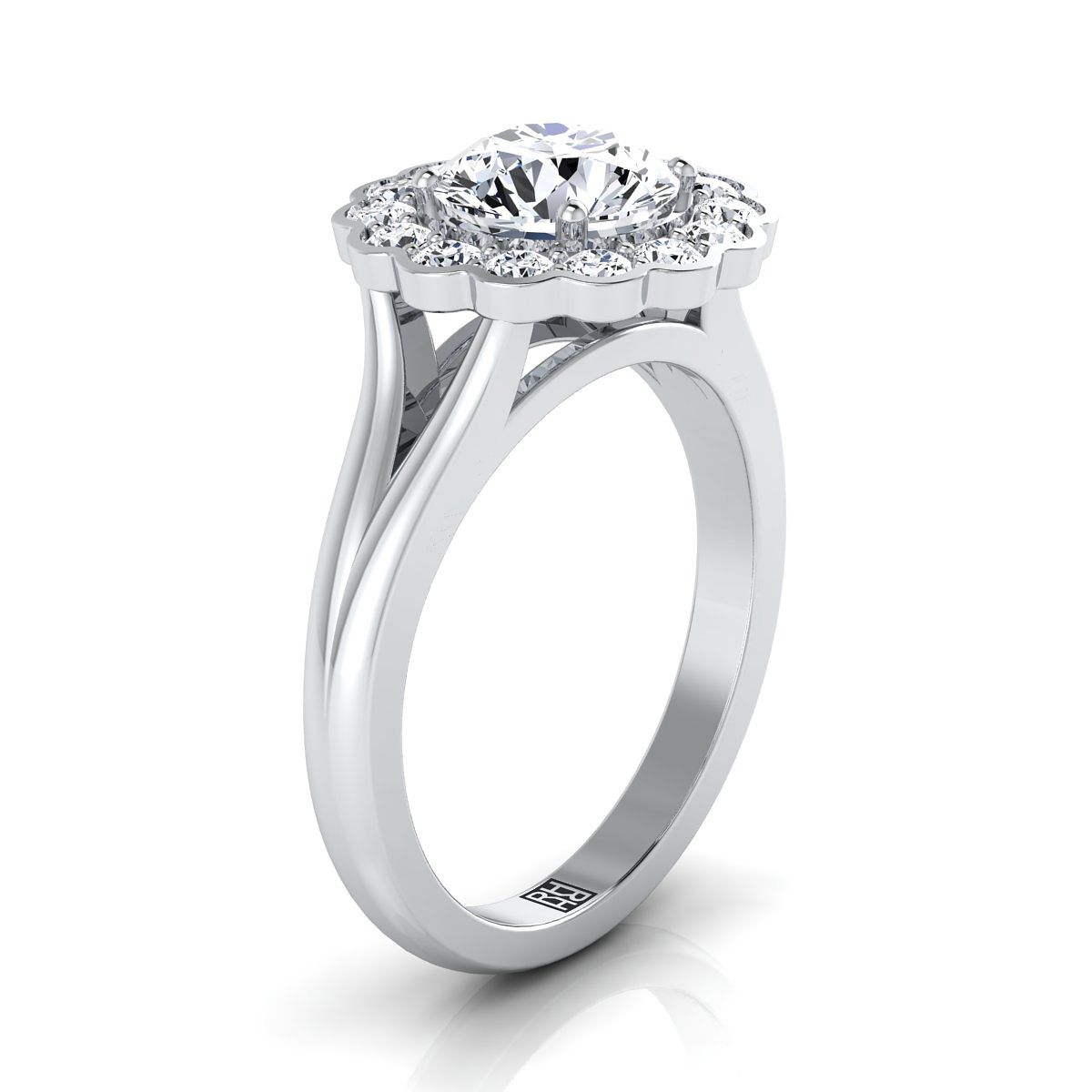 Round Brilliant, Floral Split Shank Halo, in 18K White Gold, prong setting – view 9 | RockHer
