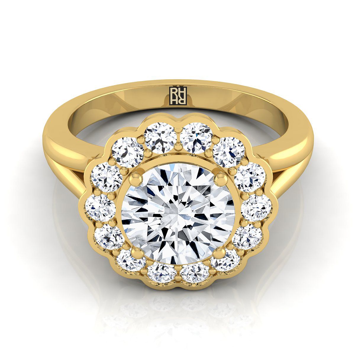 Round Brilliant, Floral Split Shank Halo, in 18K Yellow Gold, prong setting – view 8 | RockHer