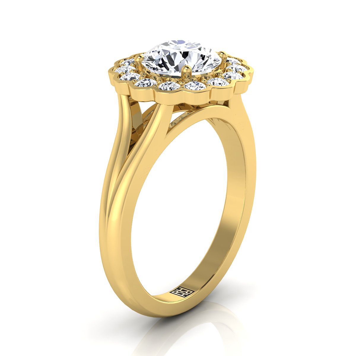 Round Brilliant, Floral Split Shank Halo, in 18K Yellow Gold, prong setting – view 9 | RockHer