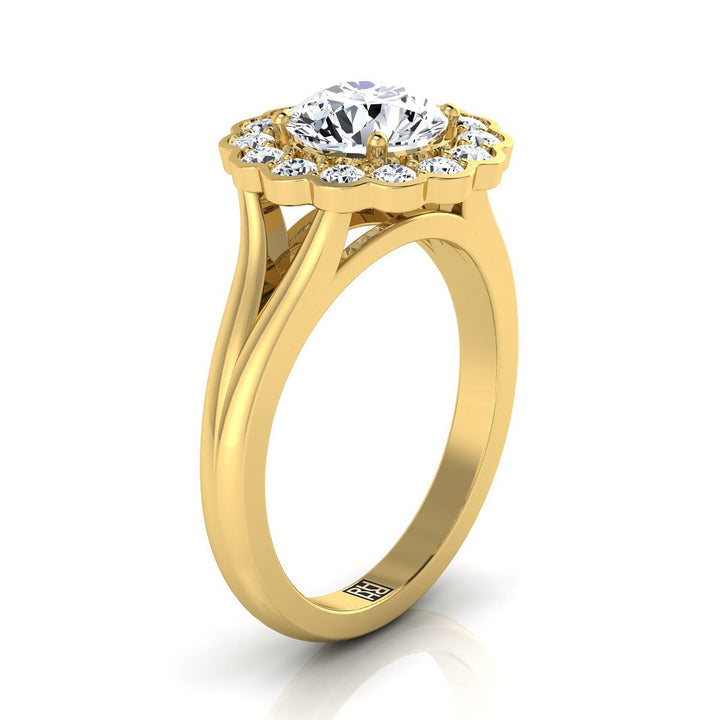 Round Brilliant, Floral Split Shank Halo, in 18K Yellow Gold, prong setting – view 9 | RockHer