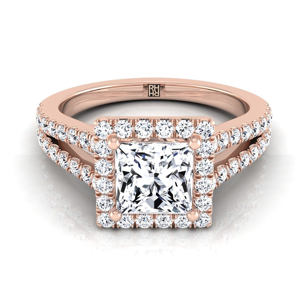 Split Shank Pavé Halo Princess, in 14K Rose Gold, pave setting | RockHer
