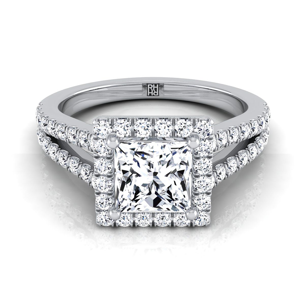 Princess, Split Shank Pavé Halo, in 18K White Gold, pave setting | RockHer