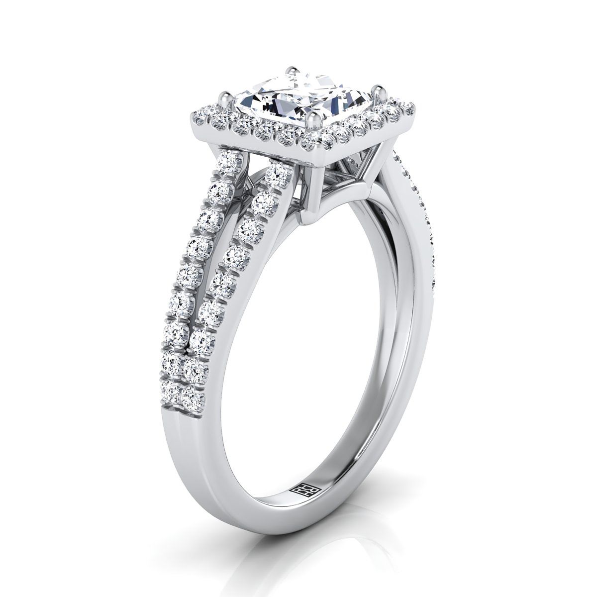 Princess, Split Shank Pavé Halo, in 18K White Gold, pave setting – side profile | RockHer