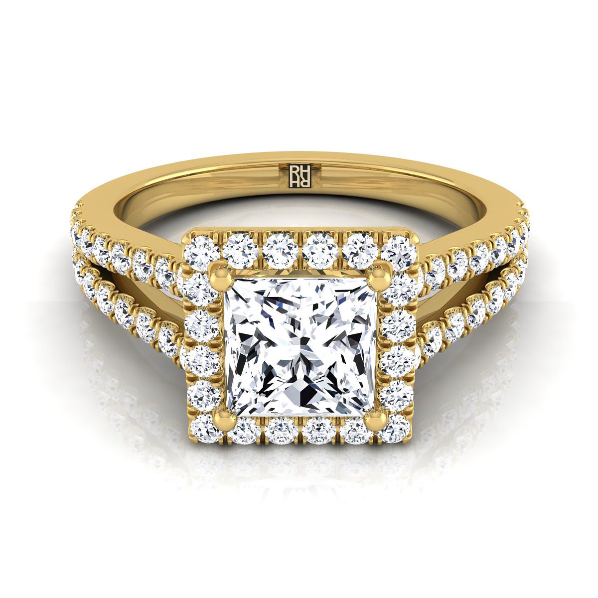 Split Shank Pavé Halo Princess, in 18K Yellow Gold, pave setting – view 8 | RockHer
