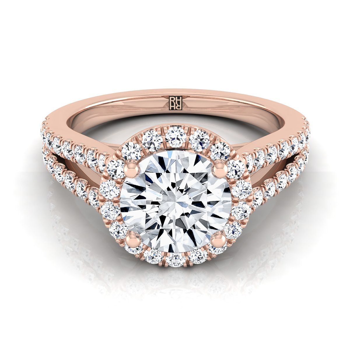 Round Brilliant, Split Shank Pavé Halo Round, in 14K Rose Gold, pave setting | RockHer