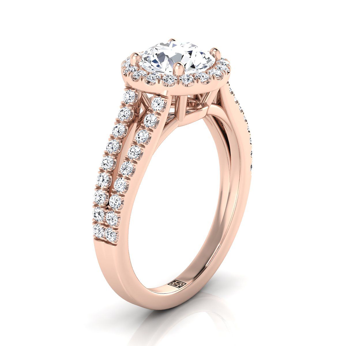 Round Brilliant, Split Shank Pavé Halo Round, in 14K Rose Gold, pave setting – side profile | RockHer