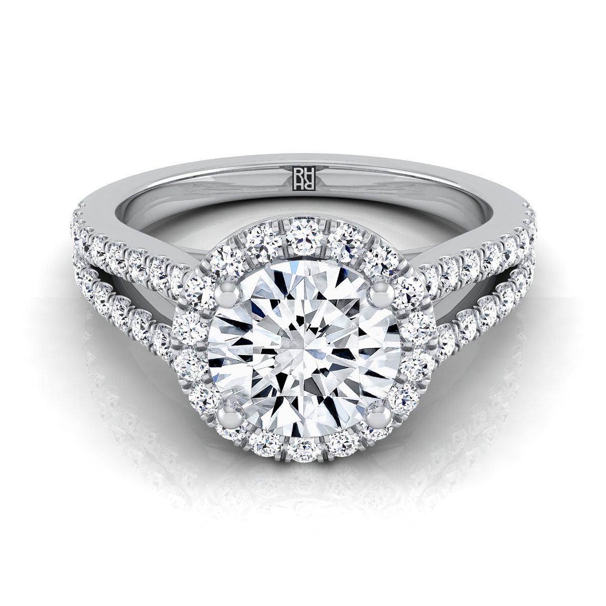Round Brilliant, Split Shank Pavé Halo Round, in Platinum, pave setting | RockHer