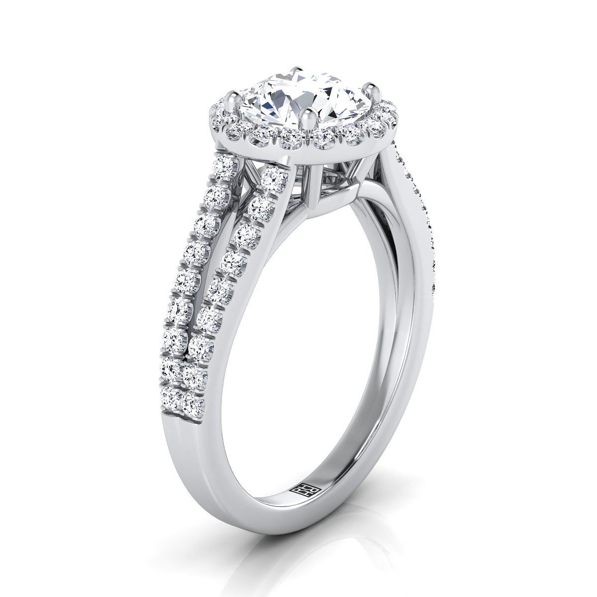 Round Brilliant, Split Shank Pavé Halo Round, in Platinum, pave setting – side profile | RockHer