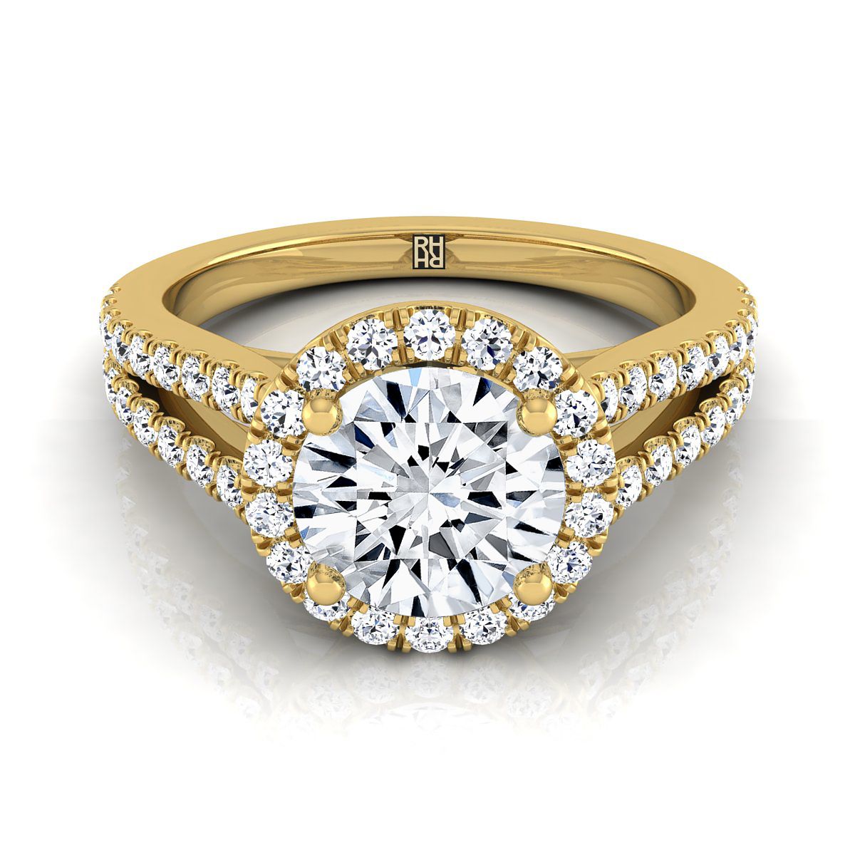 Round Brilliant, Split Shank Pavé Halo Round, in 18K Yellow Gold, pave setting – view 8 | RockHer