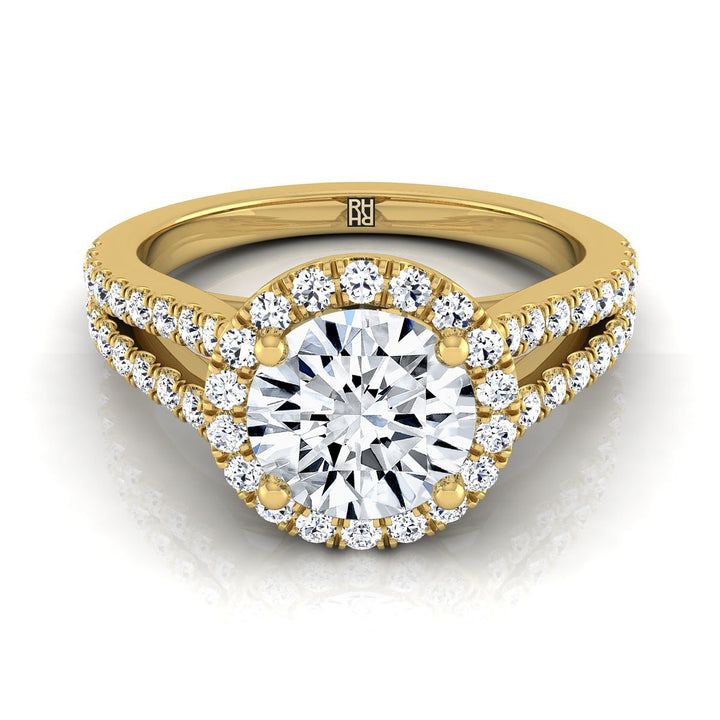 Round Brilliant, Split Shank Pavé Halo Round, in 18K Yellow Gold, pave setting – view 8 | RockHer