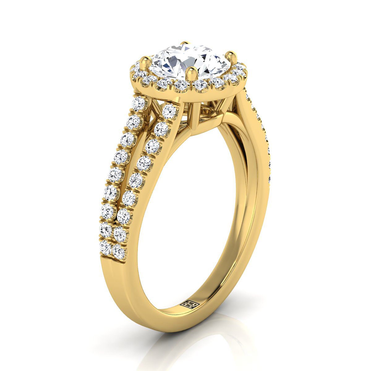Round Brilliant, Split Shank Pavé Halo Round, in 18K Yellow Gold, pave setting – view 9 | RockHer