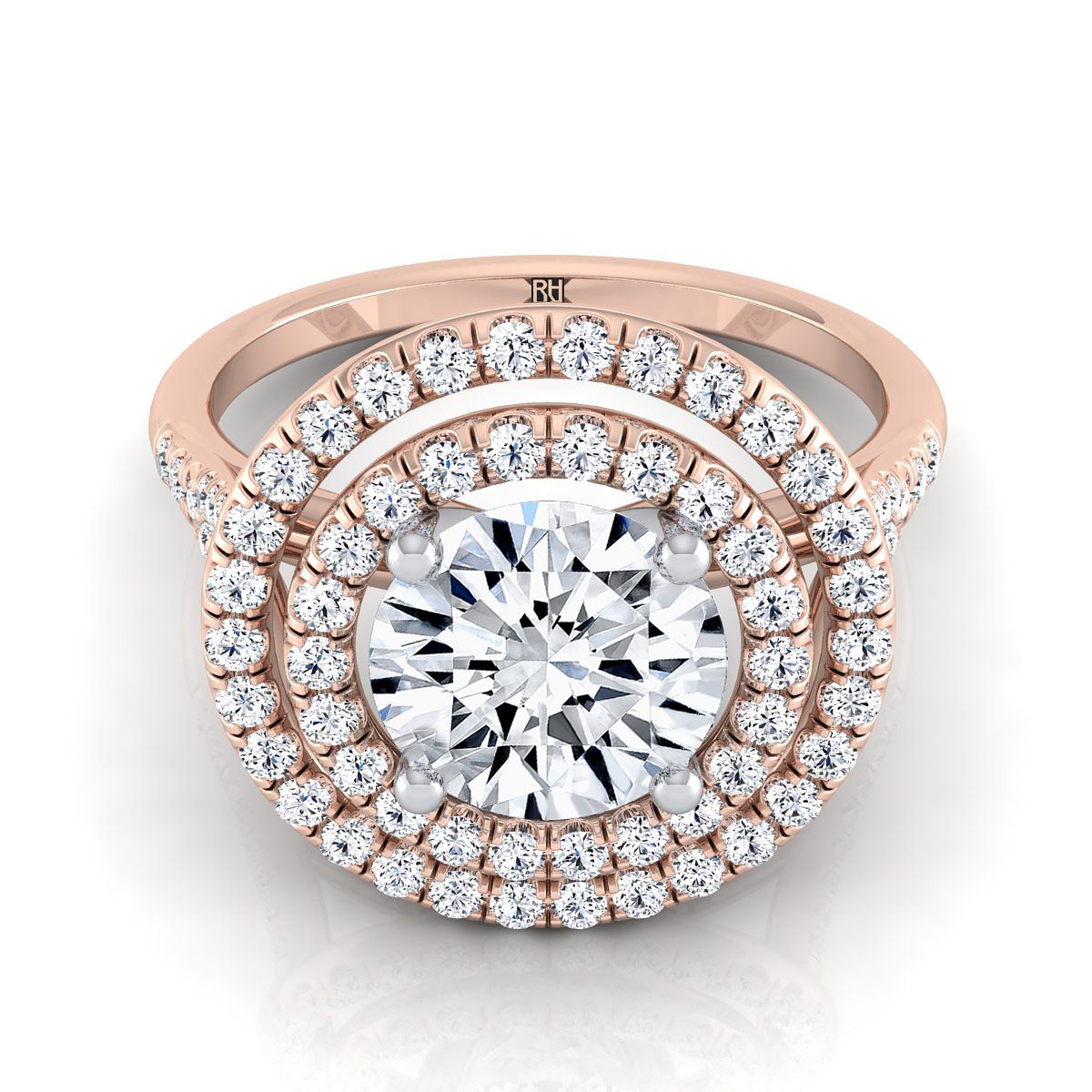 Round Brilliant, Double Halo Split Shank Pavé, in 14K Rose Gold, pave setting – view 8 | RockHer