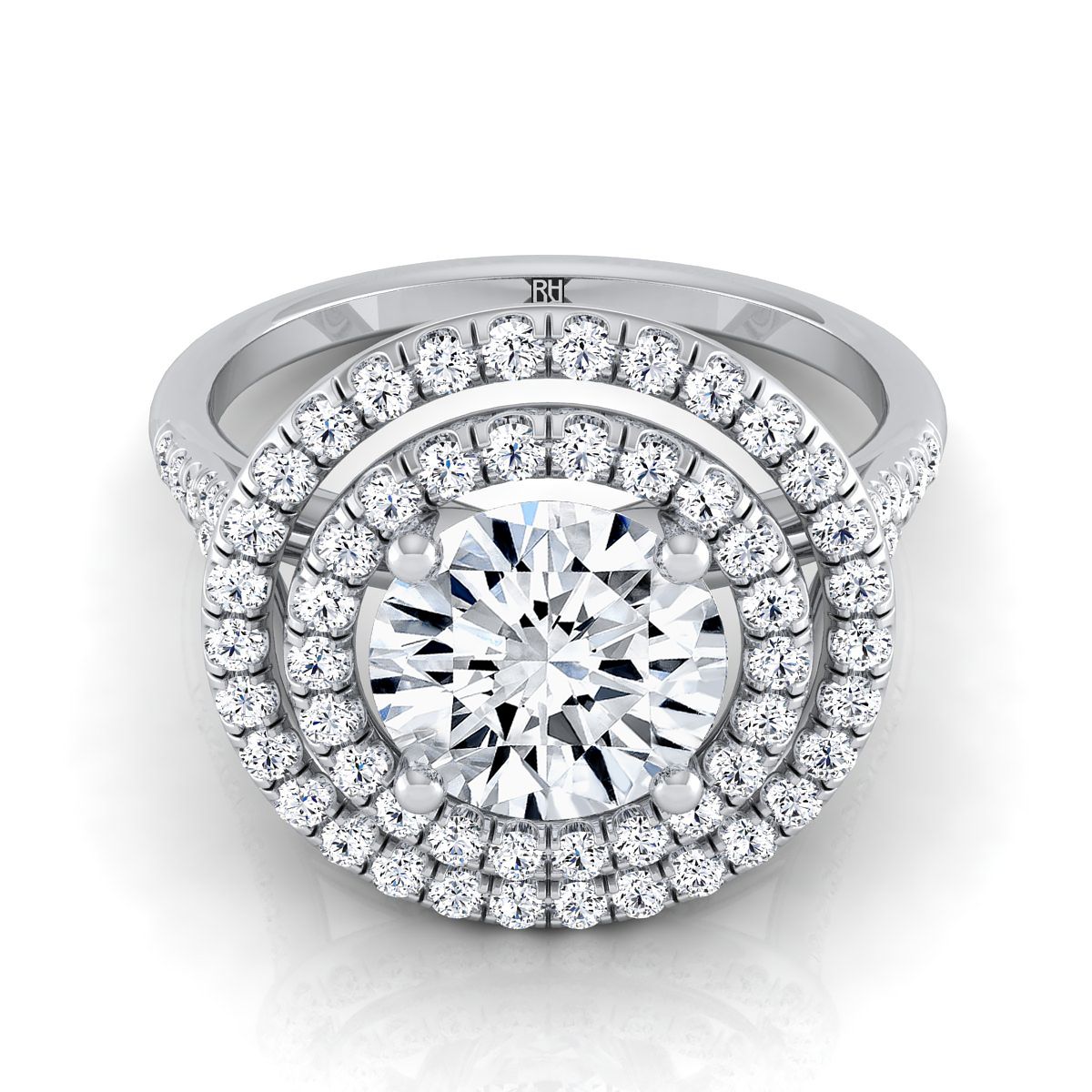 Round Brilliant, Double Halo Split Shank Pavé, in 18K White Gold, pave setting – view 8 | RockHer