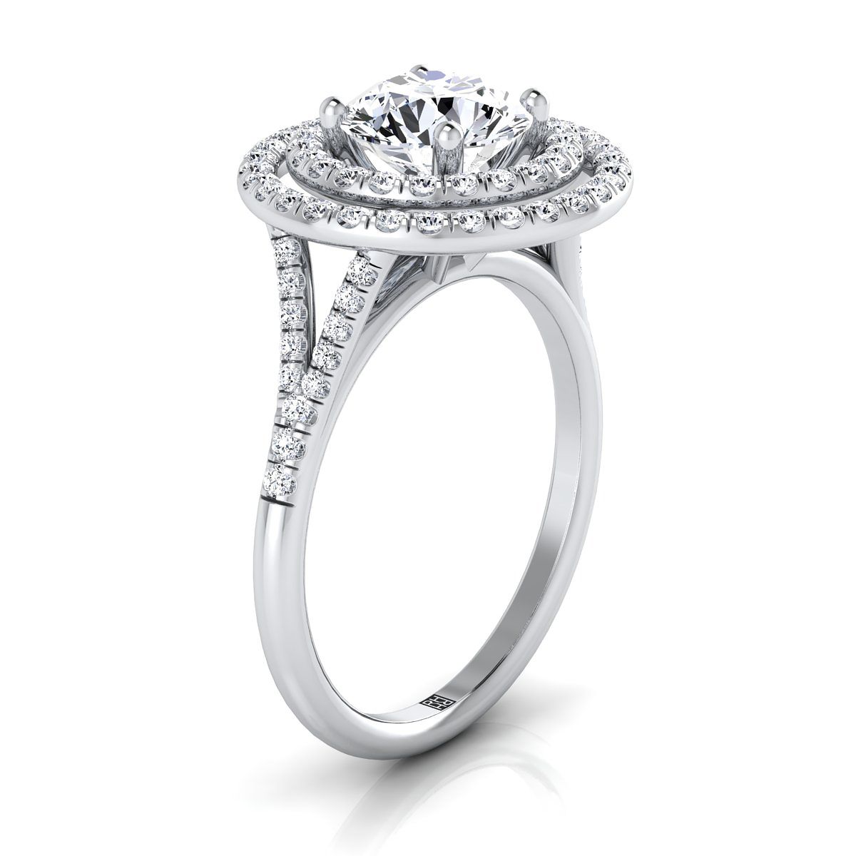Round Brilliant, Double Halo Split Shank Pavé, in 18K White Gold, pave setting – view 9 | RockHer