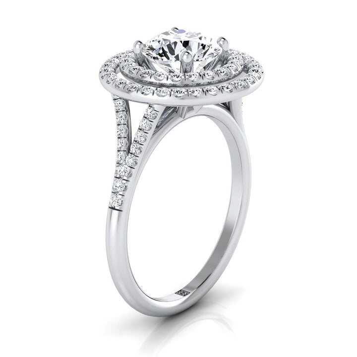Round Brilliant, Double Halo Split Shank Pavé, in 18K White Gold, pave setting – view 9 | RockHer