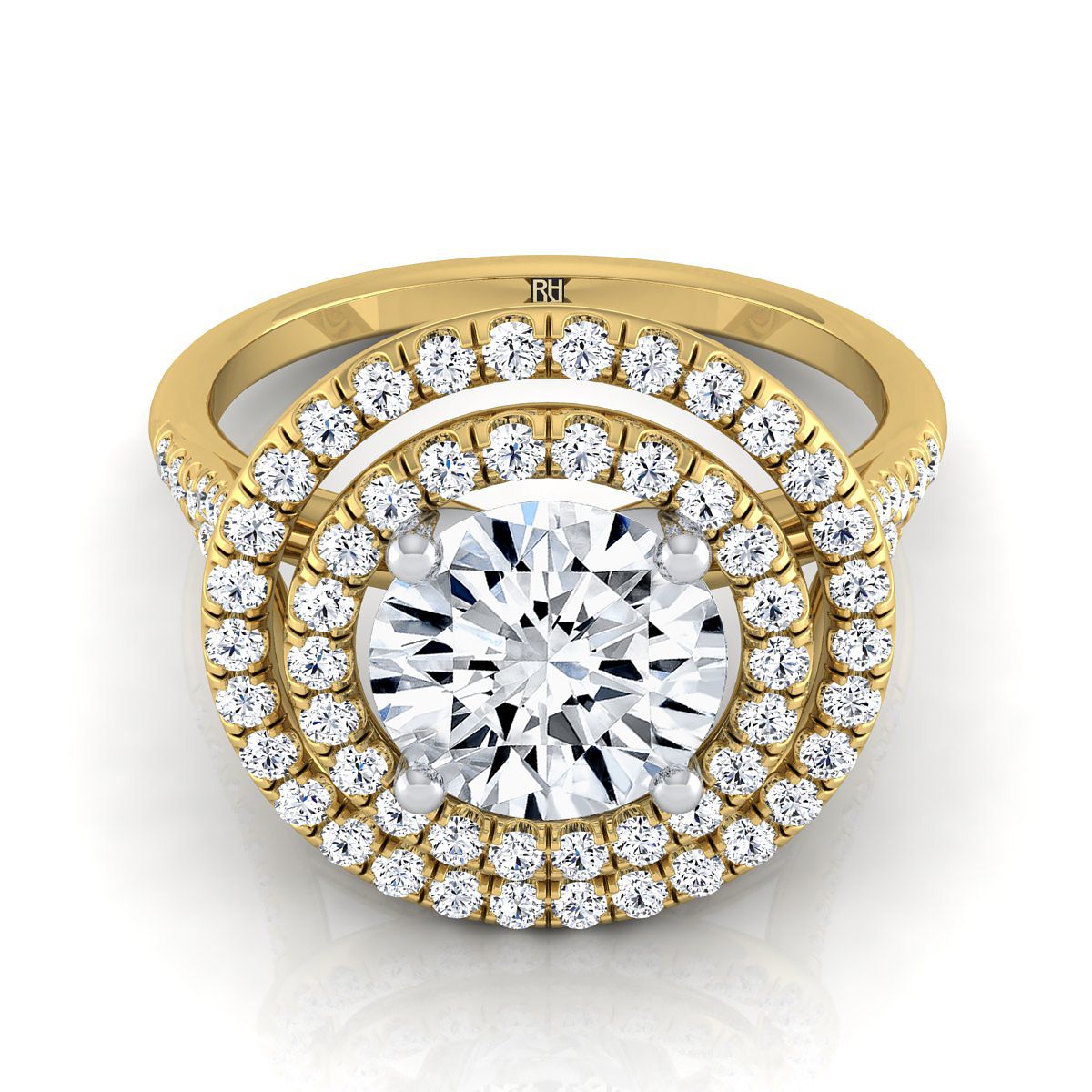 Round Brilliant, Double Halo Split Shank Pavé, in 18K Yellow Gold, pave setting – view 8 | RockHer